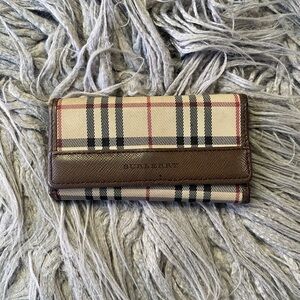 Burberry Vintage Check Brown Leather Trim Key and Card Holder